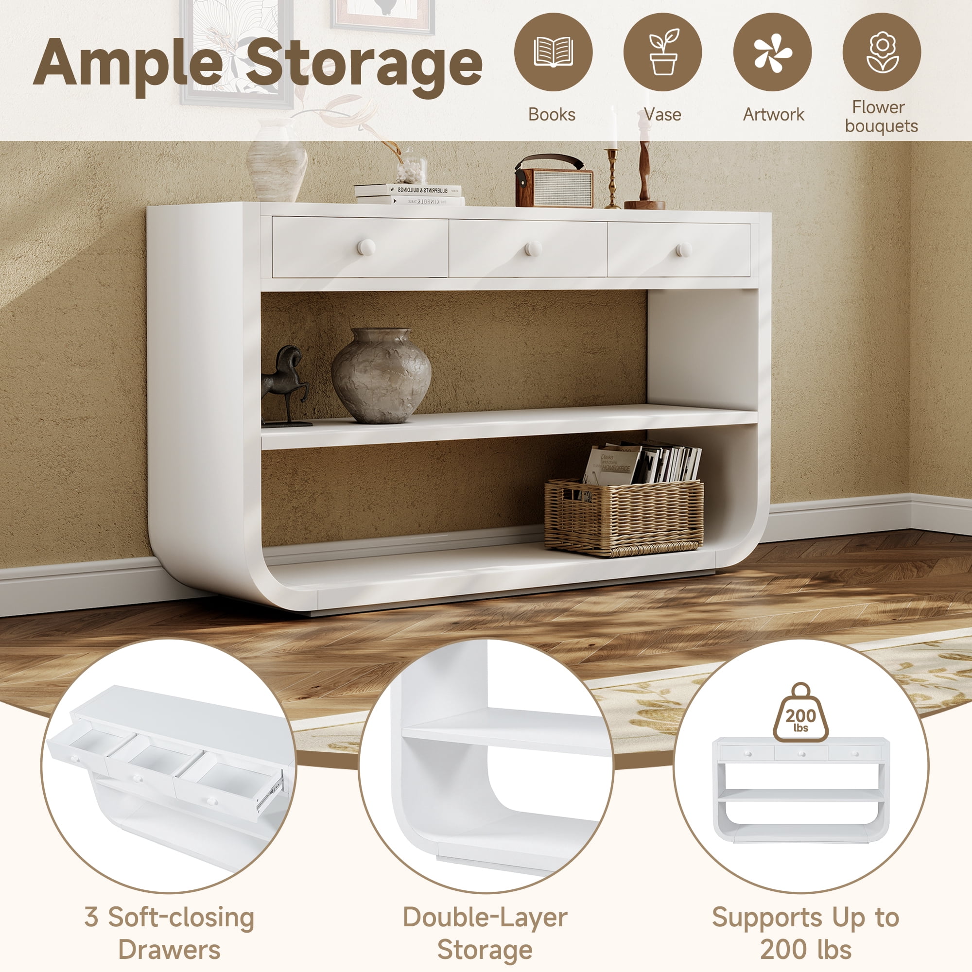Euroco 55 Inch Curved Console Table with 3 Soft-Close Drawers, 3-Tier Entryway Table with 2 Storage Open Shelves,Wood Narrow Long Sofa Table for Living Room, Hallway, Foyer,White