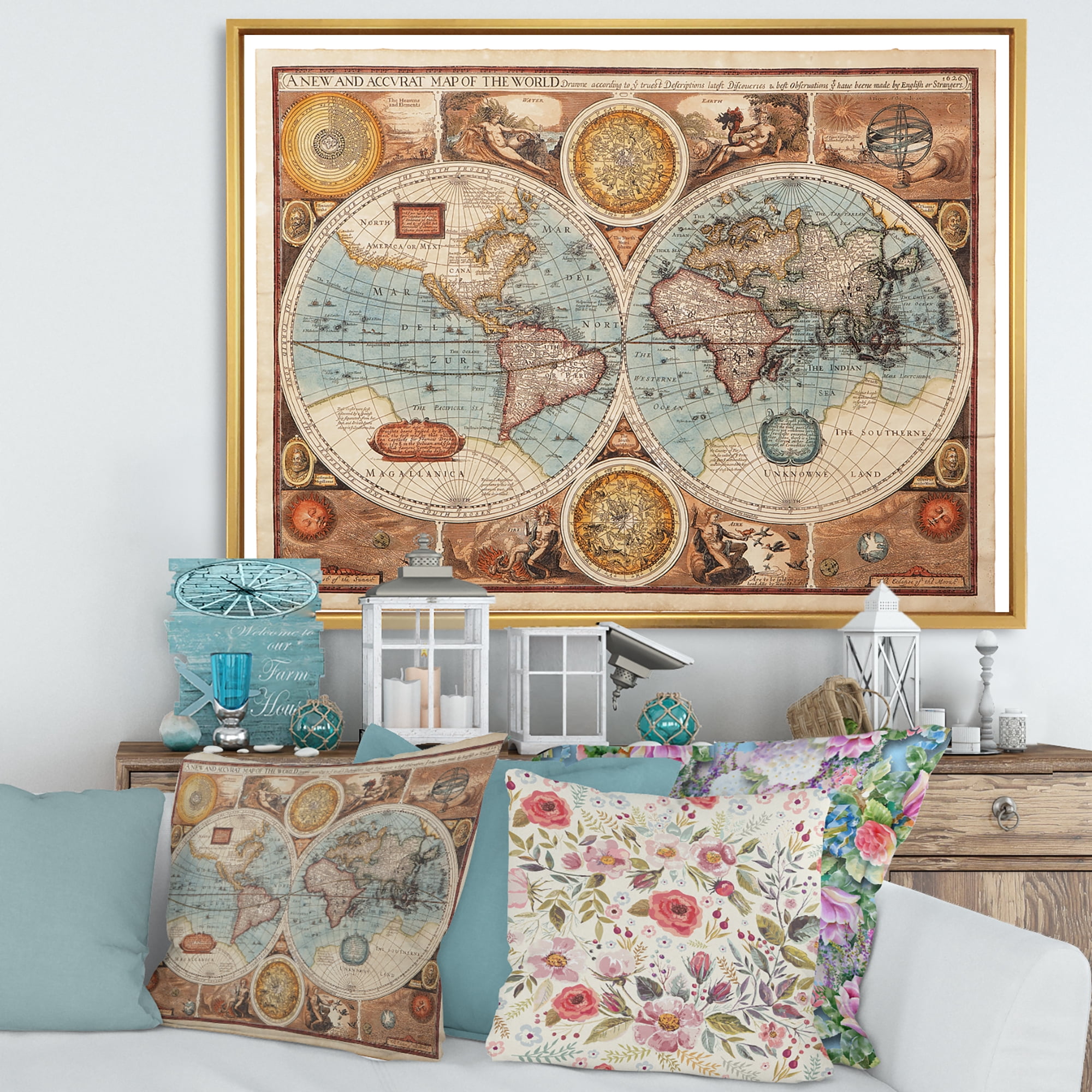 Designart 'Vintage Map of The World VIII' Vintage Framed Canvas Wall Art Print