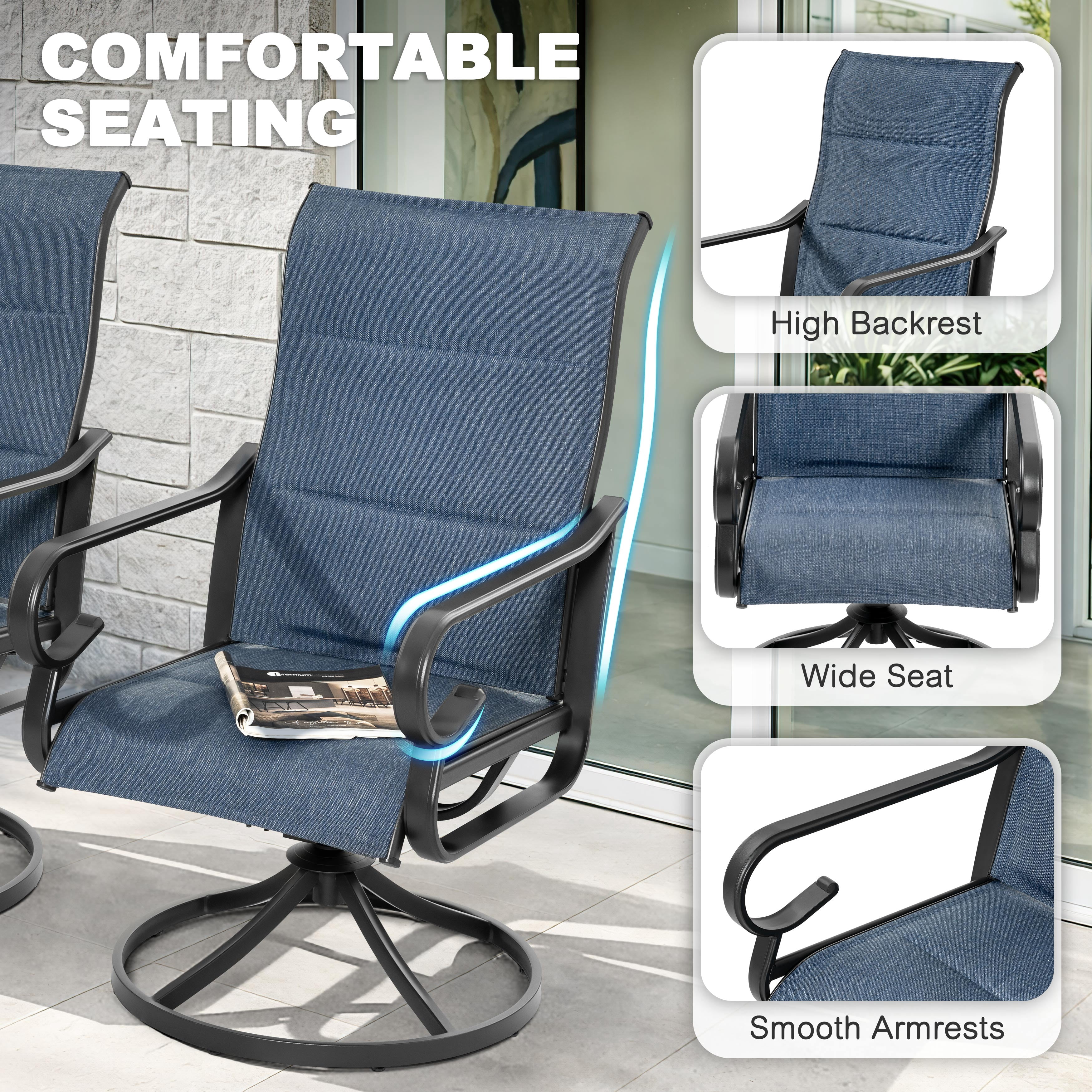 Nuu Garden Patio Swivel Dining Chairs Set of 2, High Back with Padded All-Weather Breathable Textilene, Powder-Coated Swivel Rocker Chairs for Lawn, Porch or Garden, Blue