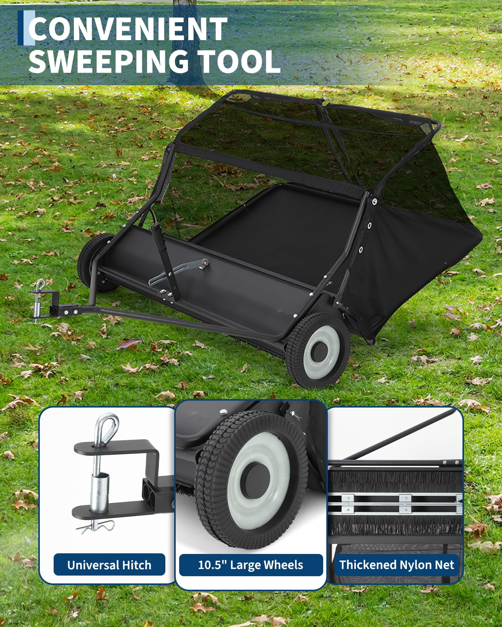 Lawn Sweeper, Tow Behind 48" Heavy Duty Yard Sweeper Pull Behind Tractor, 25 Cu.Ft Large Hopper & Adjustable Sweeping Height, Universal Leaf Grass Collector for ATV UTV - Black