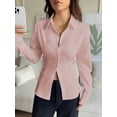 thumbnail image 5 of Women Button Up Shirt Long Sleeve Shirt V Neck Collared Blouse Aesthetic Work Tops Pink XS, 5 of 7