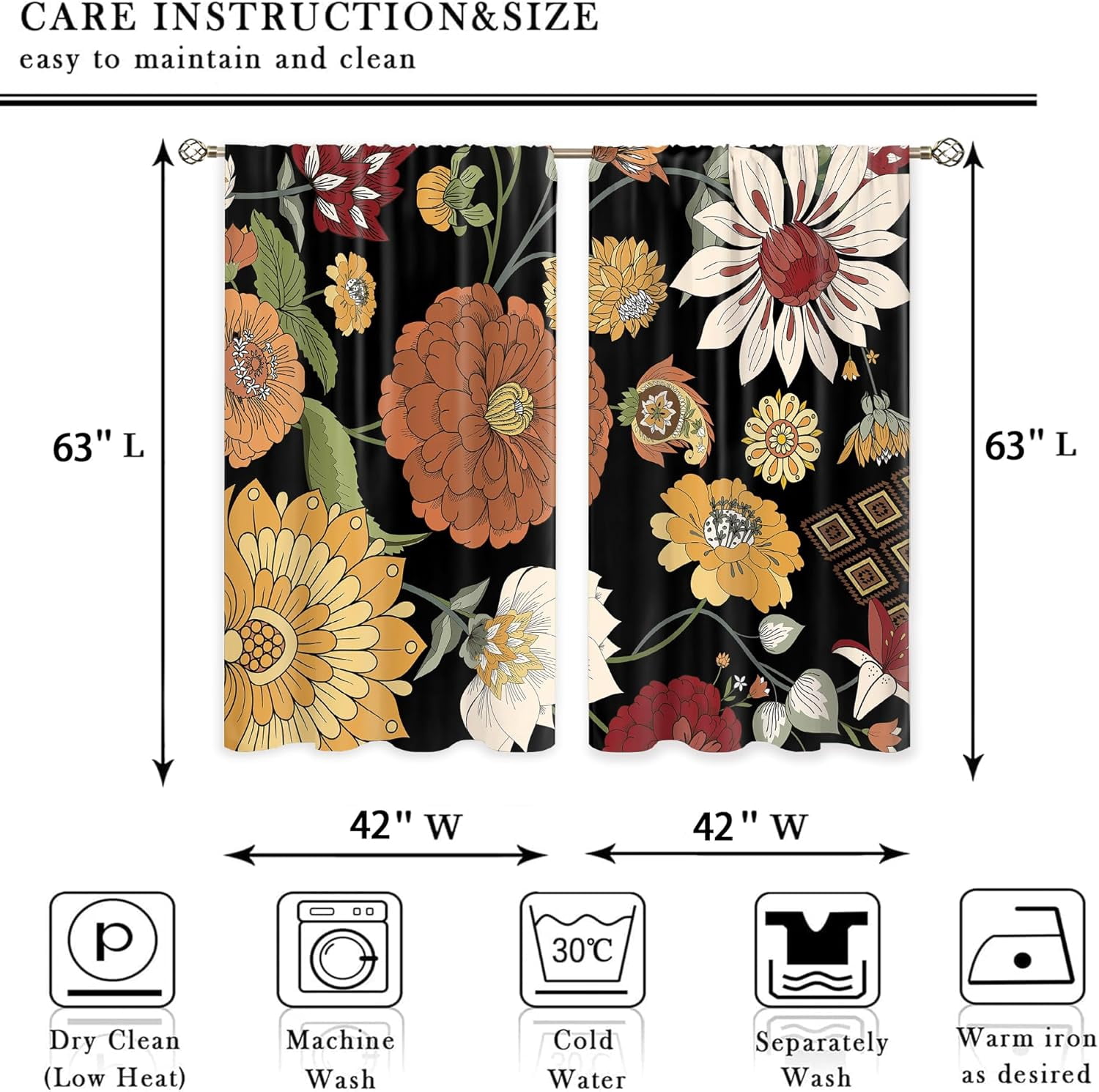 Boho Floral Window Curtains Black Bohemian Flower Botanical Rod Pocket Mid Century Modern Abstract Leaves Curtain Drapes Herb Curtains for Bedroom Living Room Treatment 2 Panels 42Wx63H Inch