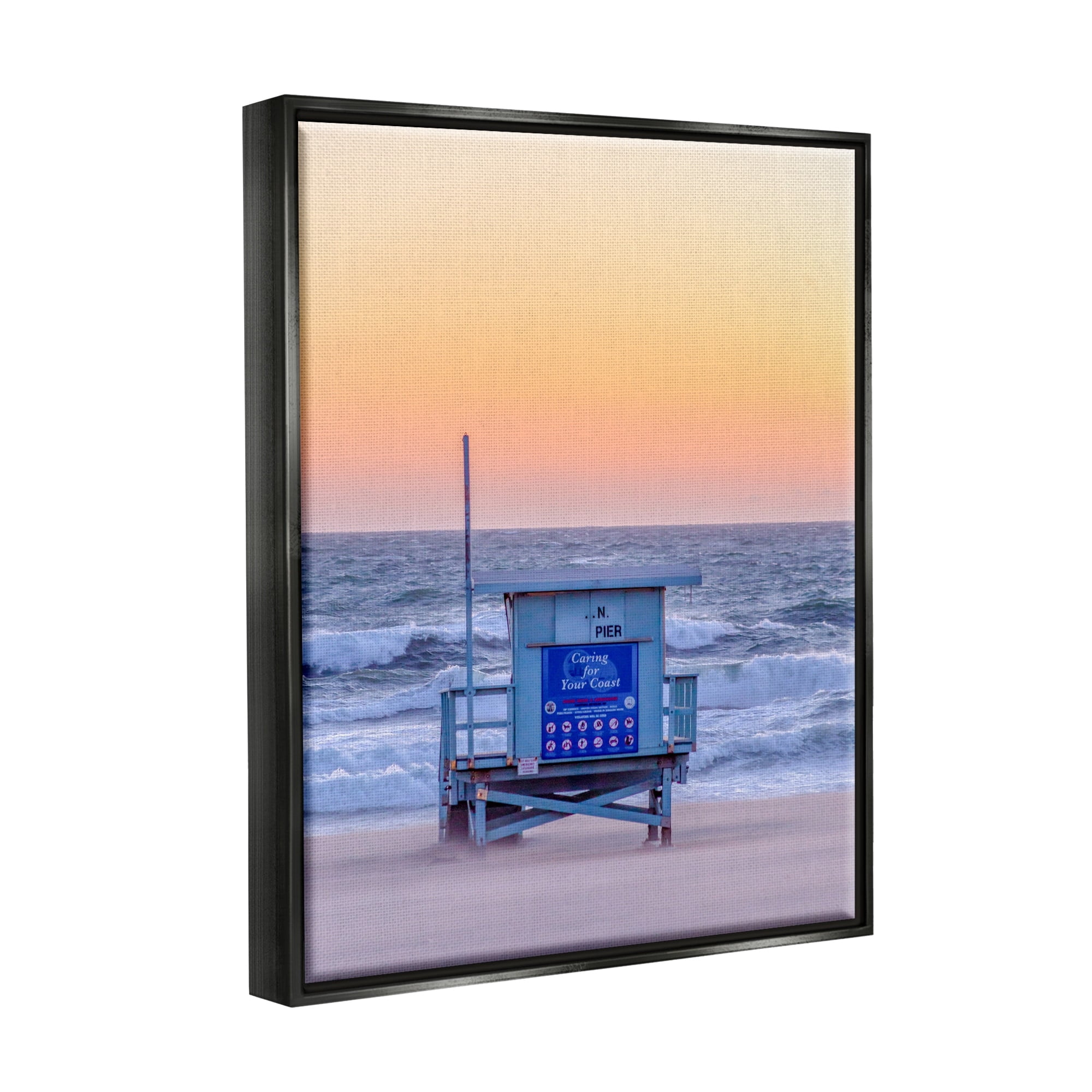 Stupell Industries Tranquil Orange Sunset Beach Hut Ocean Shore Photograph Jet Black Floating Framed Canvas Print Wall Art, Design by Jeff Poe