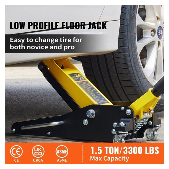 1.5 Ton Low Profile Floor Jack - Dual Pump Aluminum Steel Car Jack, 3300 lbs Capacity, 3-3/20" to 14-10/27" Lift Range