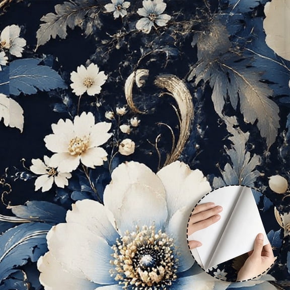 Navy Blue White Gold Floral Wallpaper, Vintage Floral peel and stick wallpaper, waterproof, Home Decor for Living Room, Bedroom, Bathroom, Kitchen Cabinet, Dorm Room 17.7 * 118 in