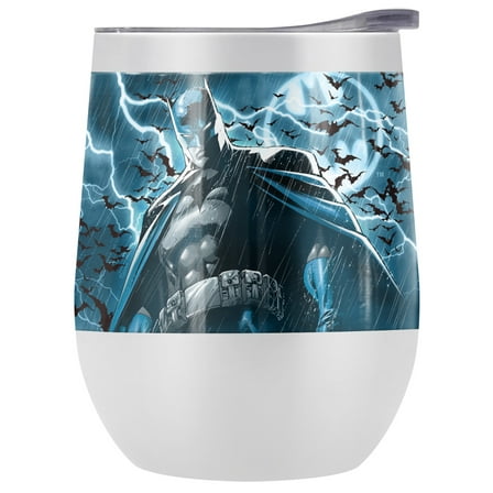 Batman Official Stormy Knight 12 OZ Stemless Wine Tumbler, Stainless Steel Travel Cup|Lake Tumbler|Insulated with Leak Resistant Slide-Lock Lid, White