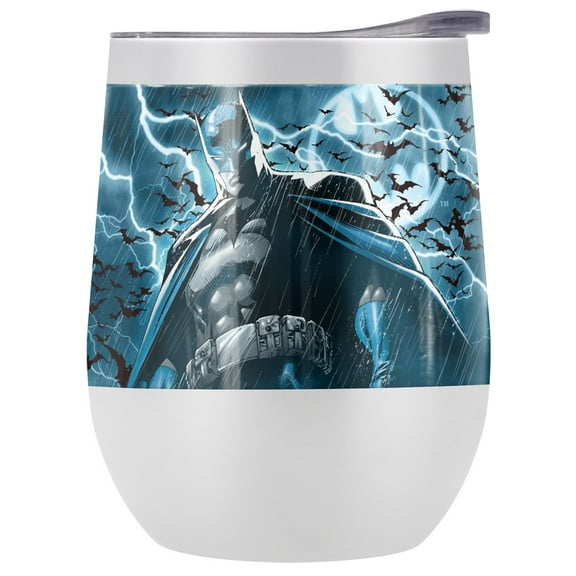 Batman Official Stormy Knight 12 OZ Stemless Wine Tumbler, Stainless Steel Travel Cup|Lake Tumbler|Insulated with Leak Resistant Slide-Lock Lid, White