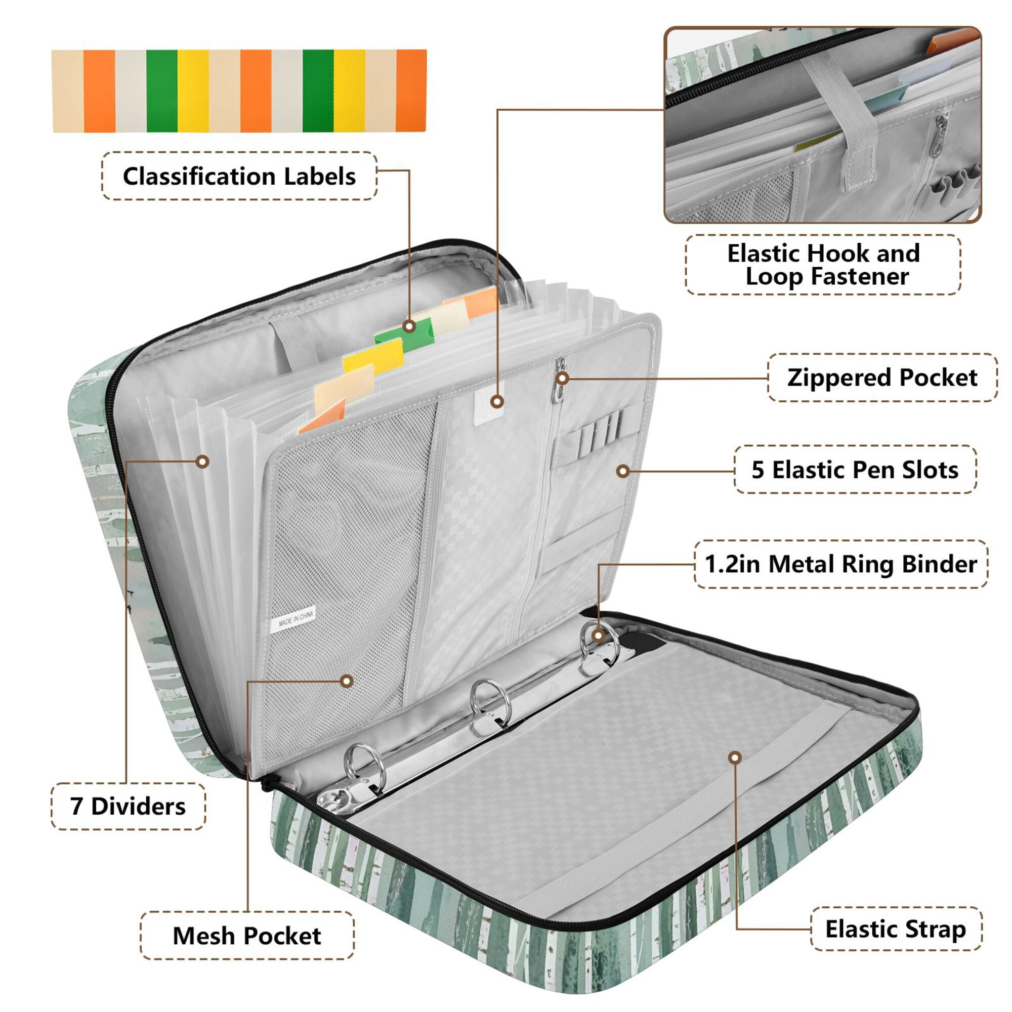 FORMRS Accordion File Folder A4 Size 7-Pocket Expanding Document Organizer Bag with 3 Ring Binder, Green Deer