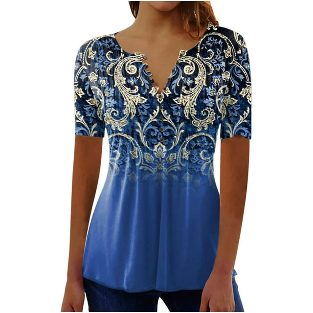 Pompotops Mode Femme Décontractée Imprimé Col Rond Ample Manches Courtes T-shirt Haut Blouse Chandail