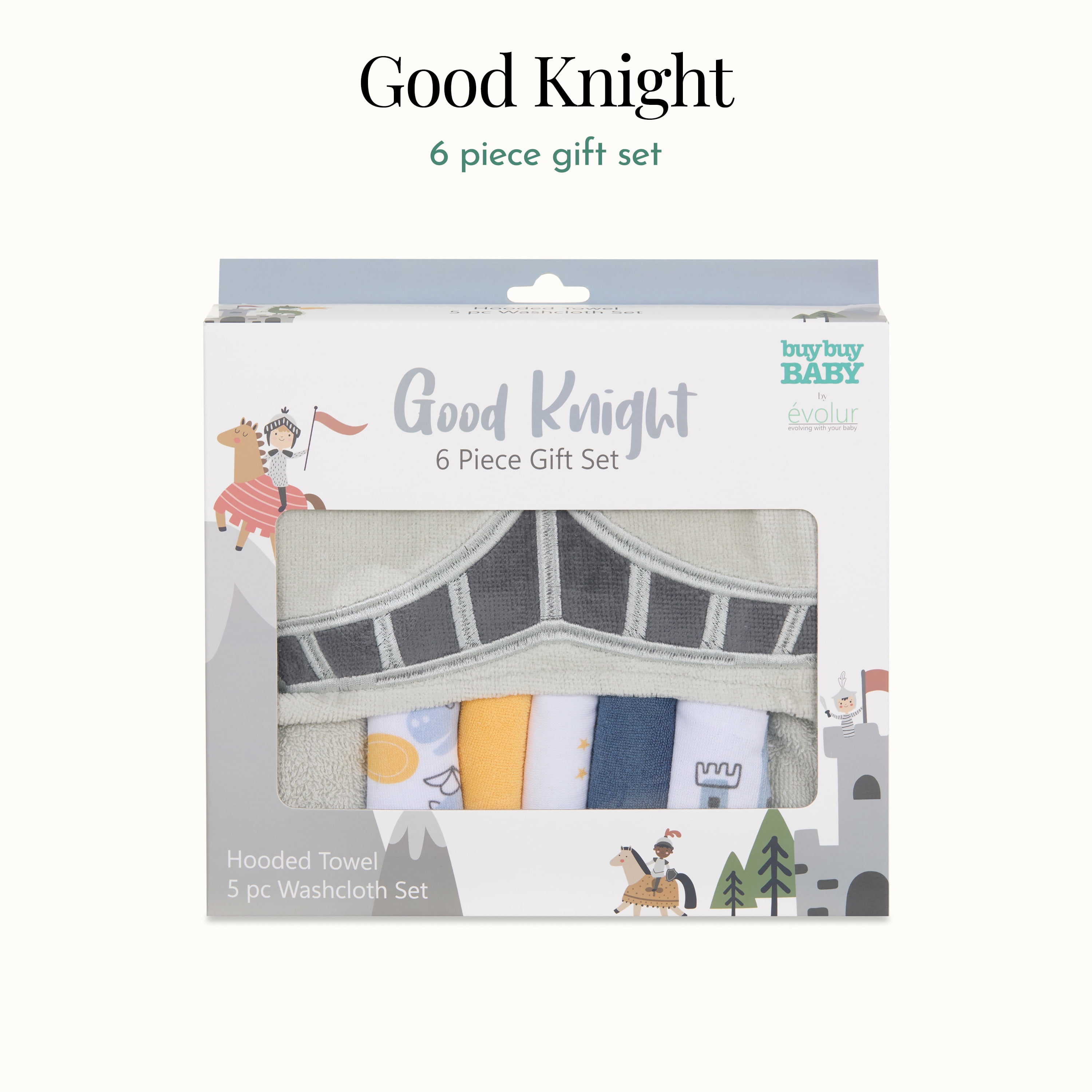 volur Good Knight 6 pc Gift Set - Hooded Towel & 5pc Wash Cloths, Knight Print