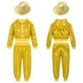 thumbnail image 5 of MSemis Kids Boys Girls Hip Hop Jazz Outfits Dancing Costume Sequins Hooded Tops Pants Fedora Hat Set Yellow 9-10, 5 of 6