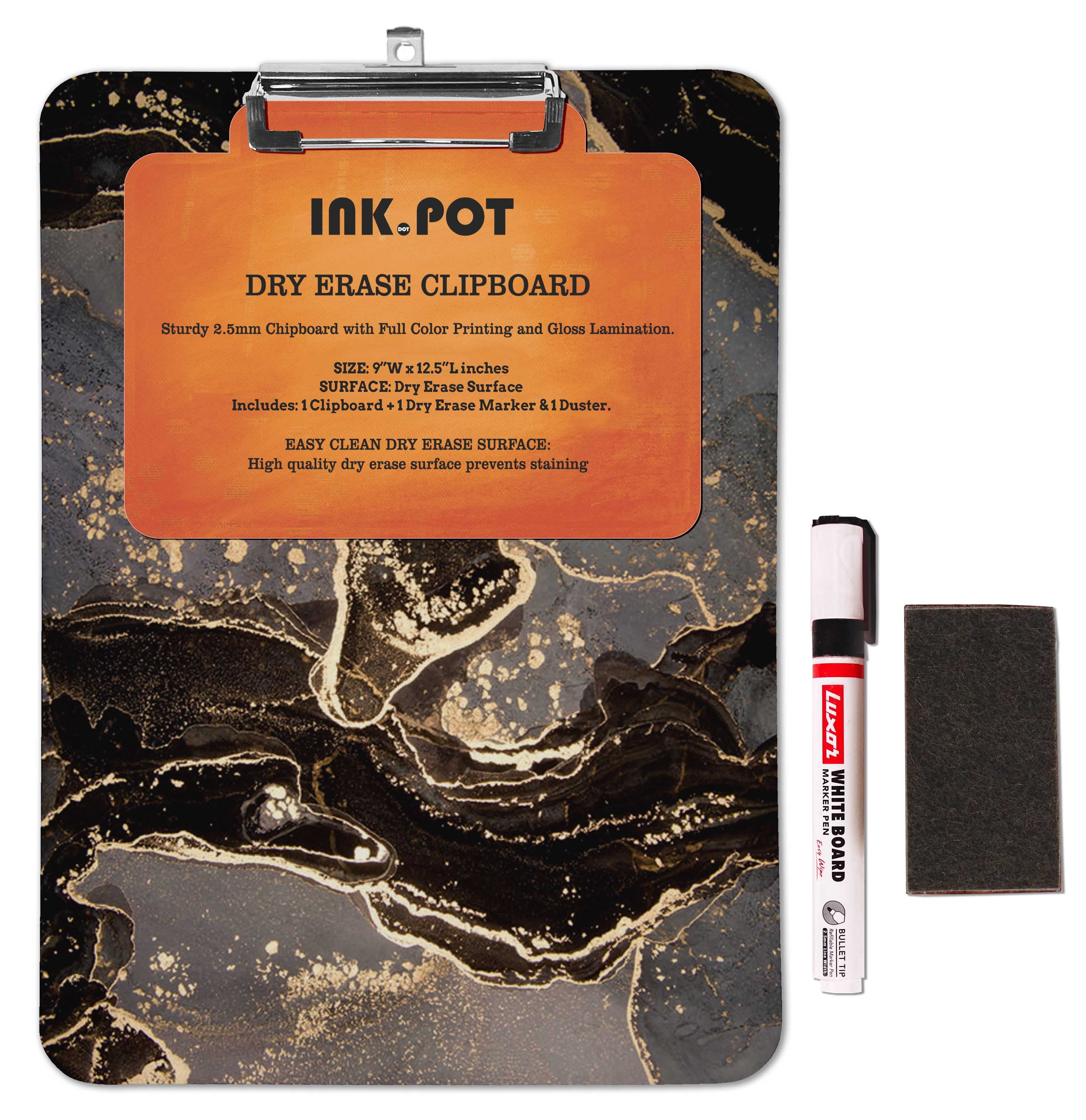 Inkdotpot Dry Erase Double Sided Clipboard Marble Watercolor Printed Paperboard Clipboard With Free Marker & Duster