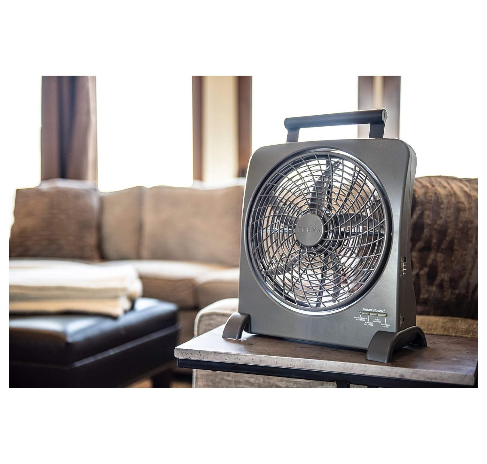 Treva 10 inch Rechargeable Portable Fan Smart Power Air Circulator. Plug-In Adapter and Battery Powered, USB Charging Port, For Camping Travel and Indoors Use