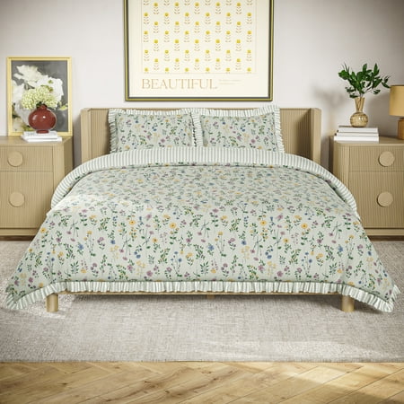 Beautiful 100% Cotton Botanical 3-Piece Sage Green Comforter Set, Full/Queen by Drew Barrymore