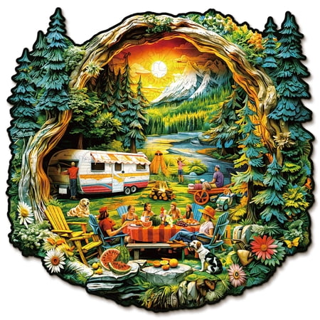 HiiKaa 3D Vision Effects Comfortable Campsite Wooden Jigsaw Puzzles for Adults,Unique Shape Wood Puzzles,Birthday Christmas Gifts for Family Friend Home Decor 8.7x8.6 in/157PCS