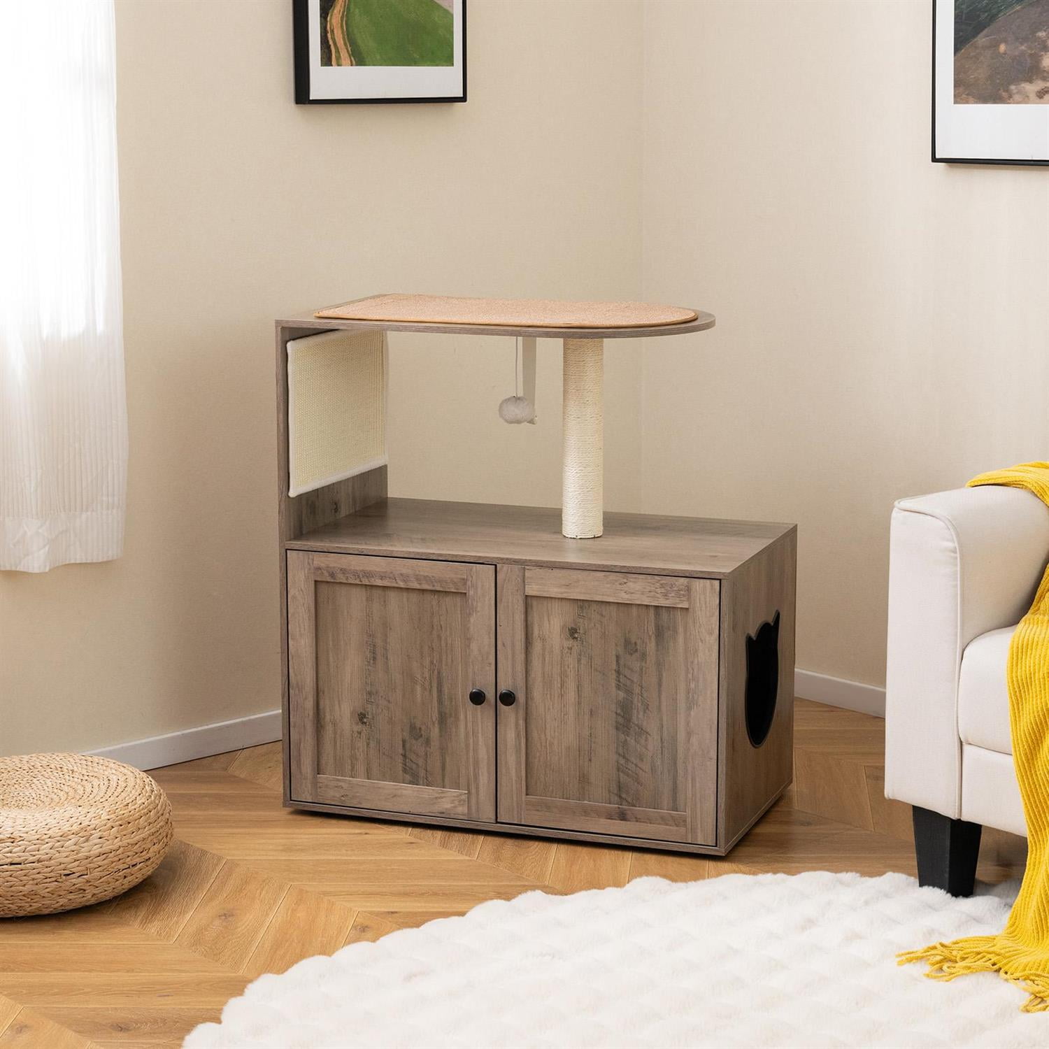 Pefilos 34.5" Cat Tree with Litter Box Enclosure, Sisal Scratching Post & Mat, Top Perch, Gray