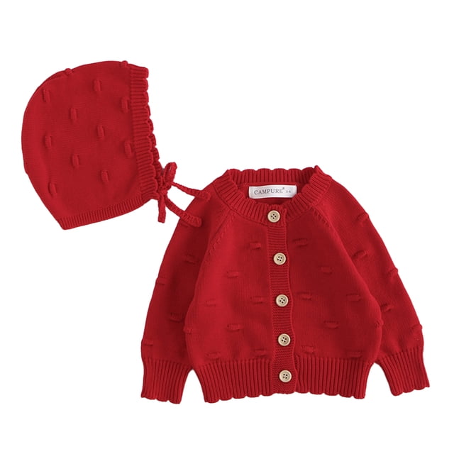 YTDSCS Toddler Baby Girls Knit Sweater Cardigans Long Sleeve Button up Knitwear Jacket Newborn Fall Winter Solid Color Sweaters Send Hat 3-24 Months
