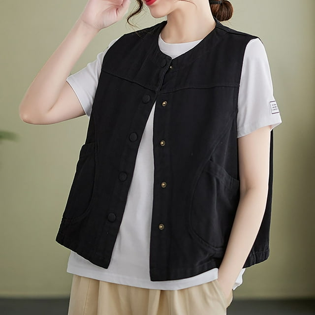 LOVZFMLL Cardigan for Women's Solid Color Sleeveless Round Neck Cardigan Blouse