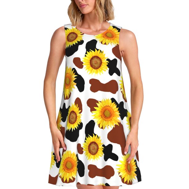 Fotbe Cow Print Sunflower Vestido de Verano sin Mangas para Mujer – Vestido Midi Línea A, Estilo Camiseta Floral, Vestido Playero Casual y Fluido