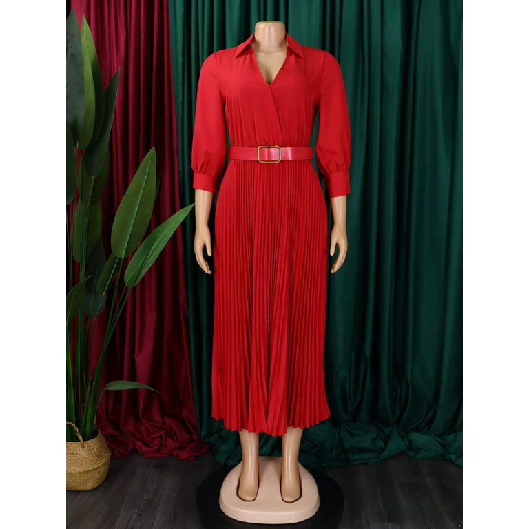 inhzoy Women's Lapel Belted Long Sleeve Pleated Midi Dress Business Casual  Shirt Dress Red L