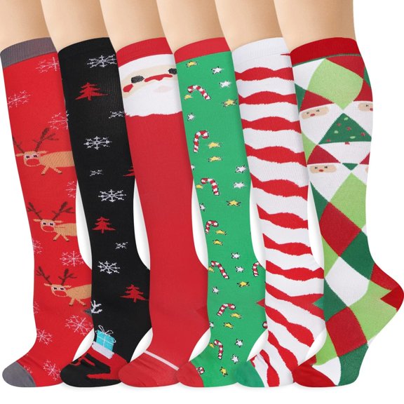 6 Pairs Christmas Compression Socks for Women & Men Circulation 15-20 mmHg - Better Blood Flow, Swelling , Best Support for Medical, Running, Nursing,Christmas Gifts for Nurses Travel Pregnancy