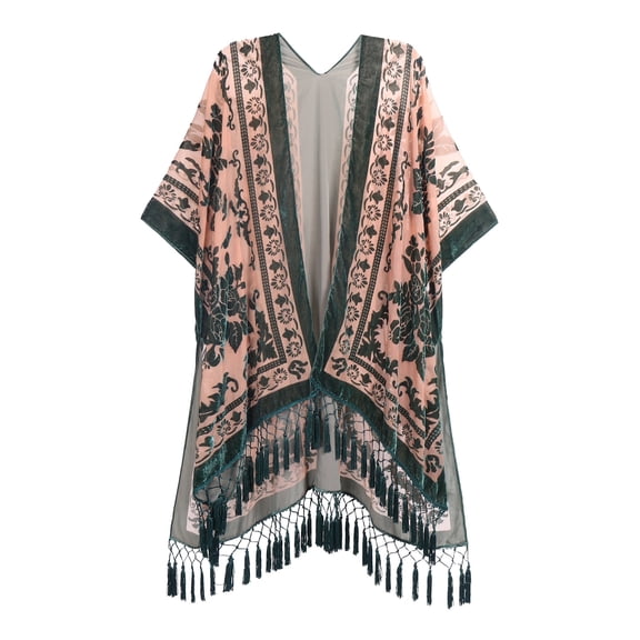 WeHello Women's Blush Pink Bohemian Burnout Floral Tassel Kimono Cardigan, Open Front Casual Holiday Beach Layering Shawl Cover Up