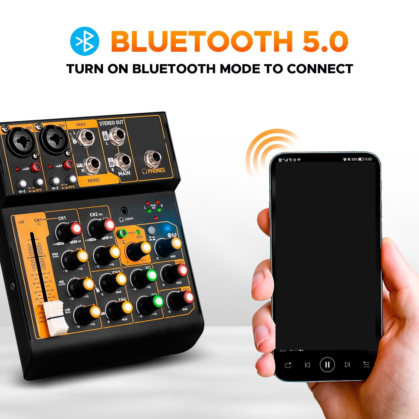 Mini4 Mixer Interface DJ Console Bluetooth 5.0 OTG Reverb 48V Sound Card for Live Broadcast