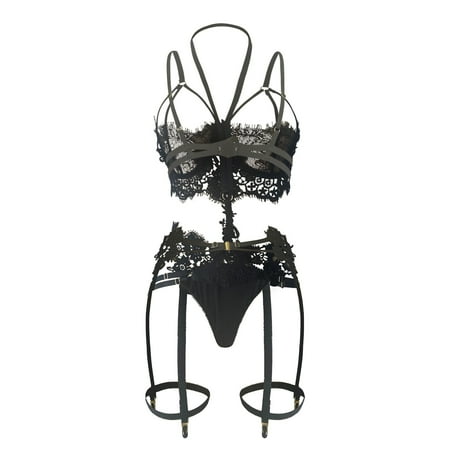 

B91xZ Lingerie For Women Women Lingerie Set Lace Teddy Strap Babydoll Bodysuit with Garter Belts plus Size Lingerie for Women Costume Black M