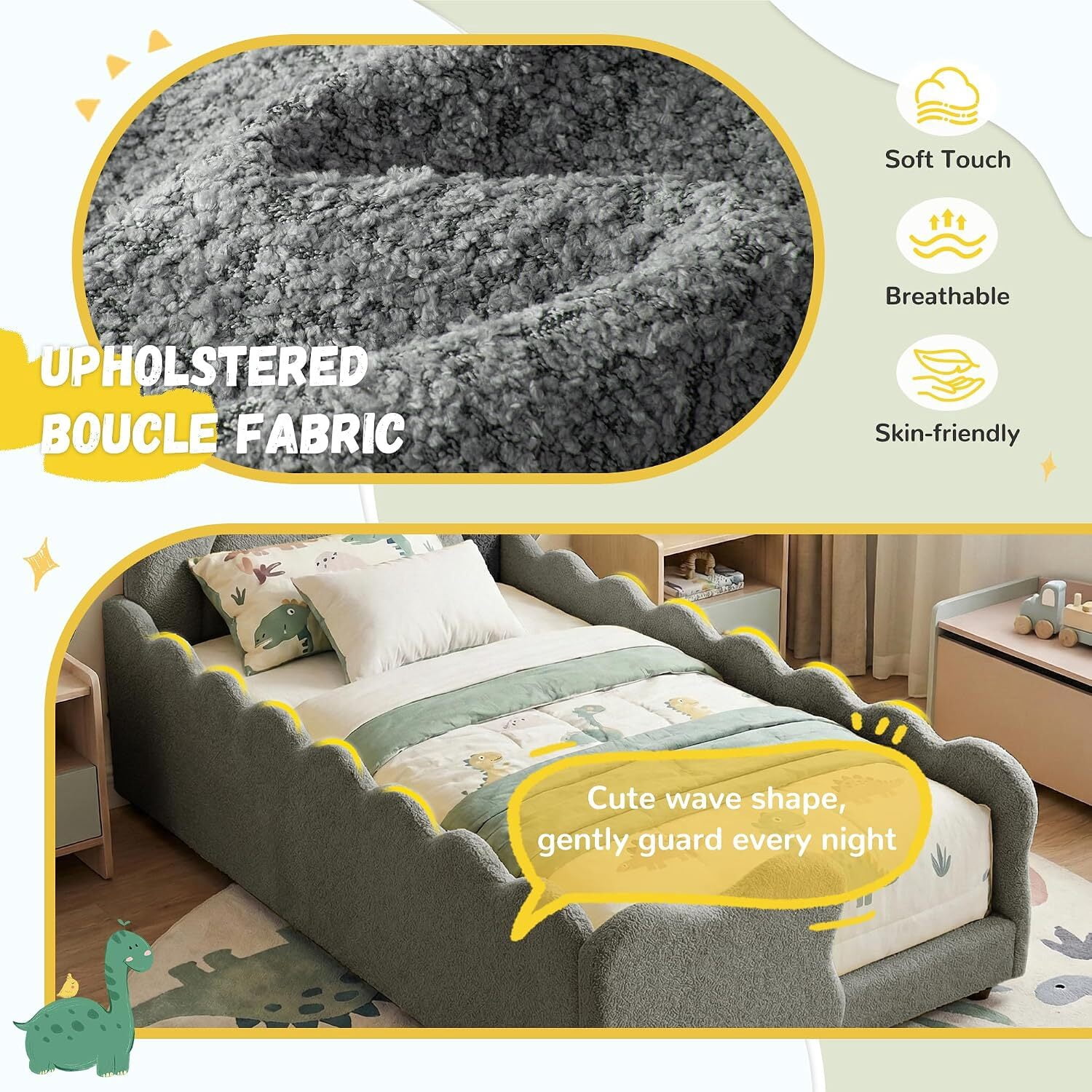 Avobird Twin Size Cute Dinosaur-Shaped Kids Bed with Safety Guardraild, Solid Wood Toddler Bed Frame for Children for Bedroom, Boucle Fabric, Gray