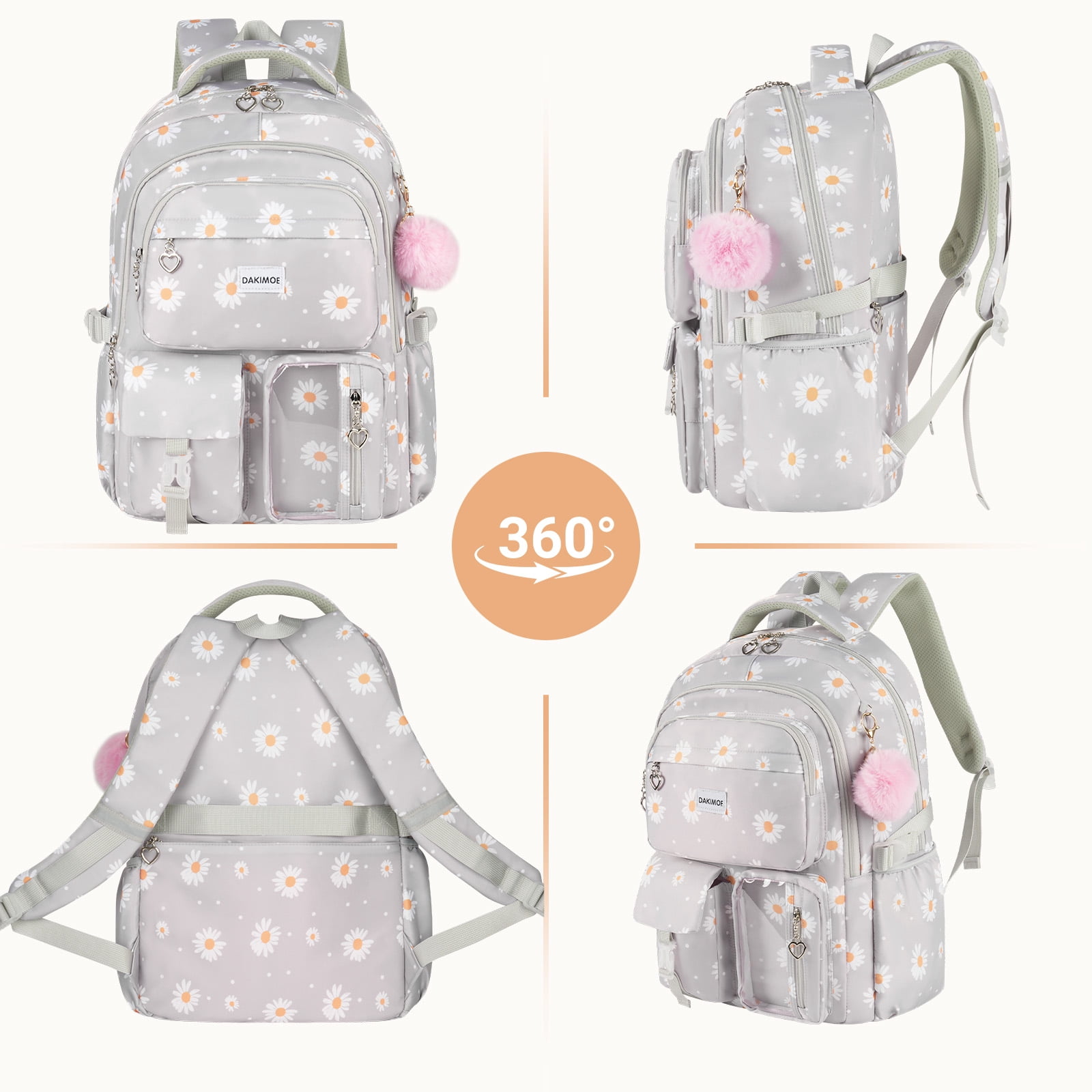 DAKIMOE Cute School Backpack Set Water Resistant Durable 3-in-1 School Bookbag for Travel & Daily Use