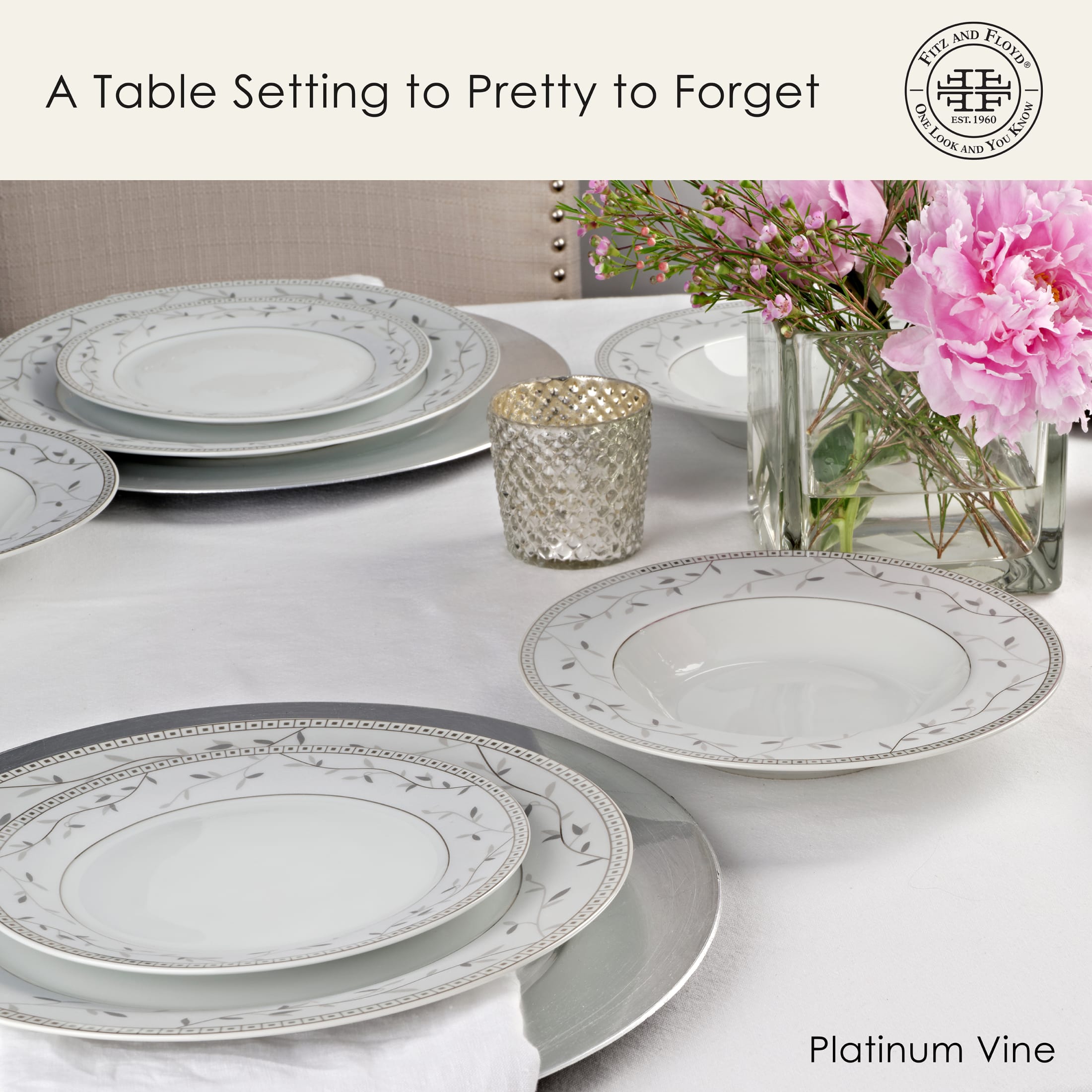 Fitz and Floyd Platinum Vine 32-Piece White Porcelain Tableware