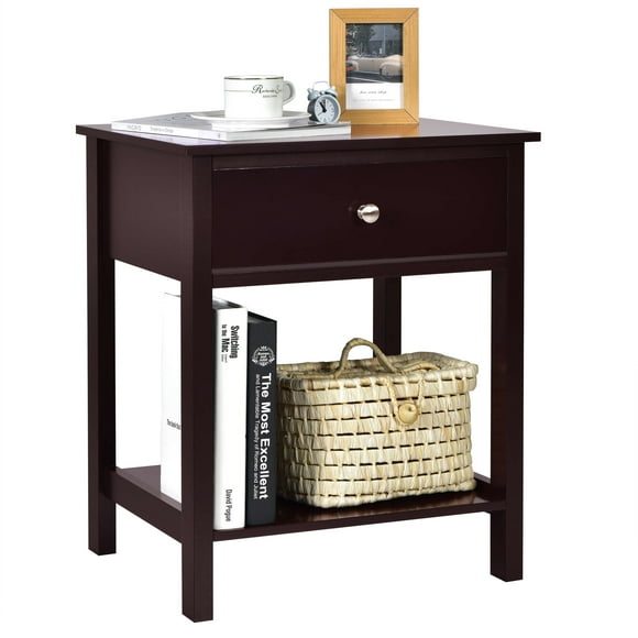 Costway Nightstand with Drawer Storage Shelf Wooden Bedside Sofa Side Table Brown