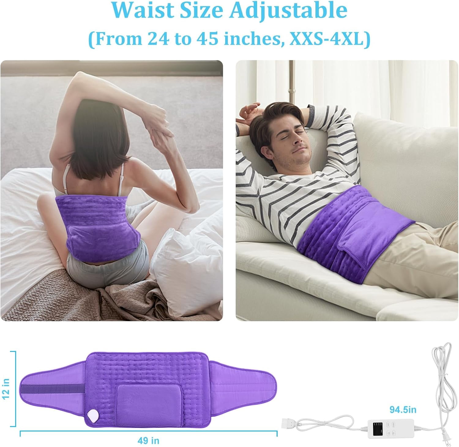 COCOBELA Heating Pad Back Pain Relief Electric Heating Pad for Period Cramps Lower Back Neck Shoulders Pain Relief 5-Hour Auto off 12x24 Heated Blankets + 20" Belt 3 Timer 5 Heat Level Wrap (Purple)