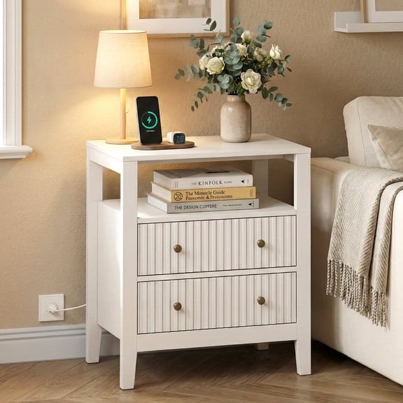 CozyHome Fluted Nightstand, Modern Bedside Table with Charging Station, Side table with 2 Drawers and Open Shelf