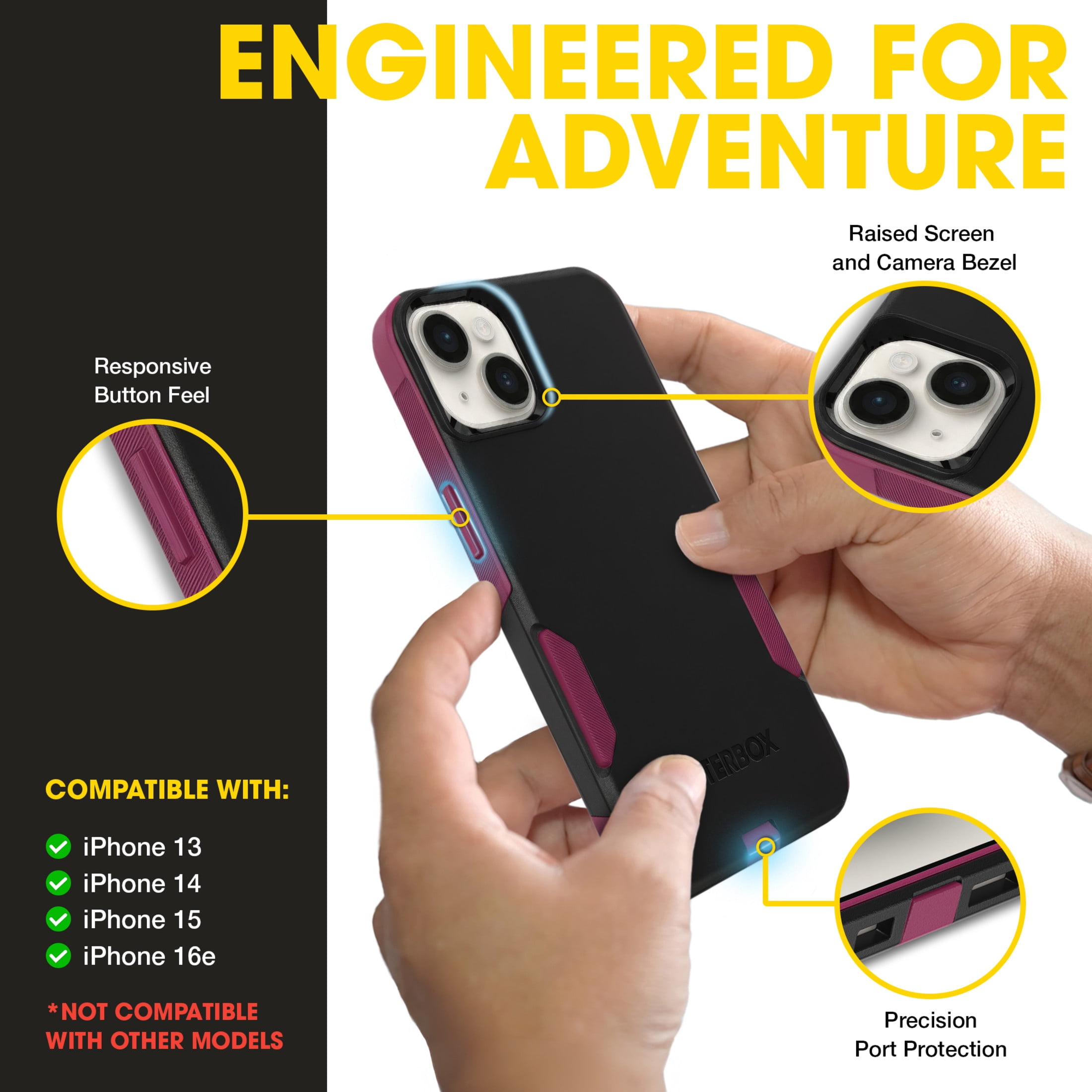OtterBox Commuter MagSafe Case for iPhone 17e/16e/15/14/13 – Black/Pink – Slim, Shockproof, Dual Layer Drop Protection
