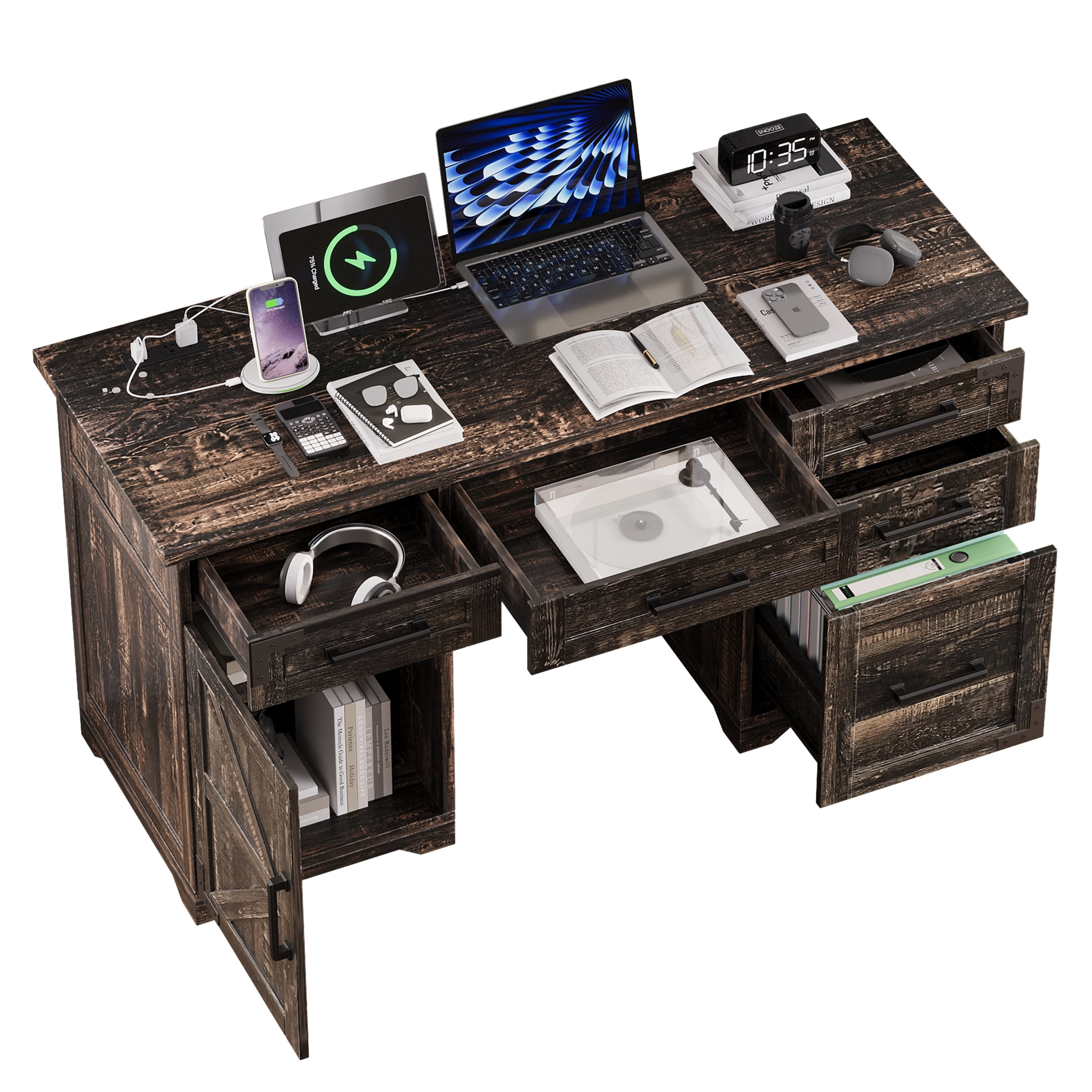 Mintazer 55" Farmhouse Executive Desk with Charging Station & Storage Cabinets, Computer Desk with 5 Drawer for Home Office, Rustic Gray