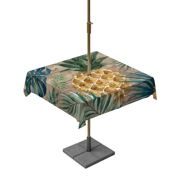 Square Outdoor Tablecloth with Umbrella Hole Summer Pineapple Table Cloth Waterproof Patio Table Cover Brown Wood Tropical Palm Monstera Leaves Zipper Tablecloths for Picnic Camping 54x54 Inch