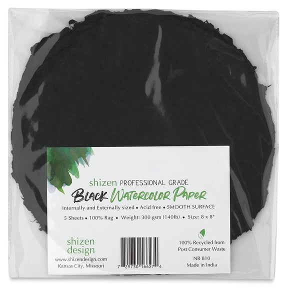 Shizen Black Watercolor Paper - 8" Round, Hot Press/Smooth, 5 Sheet Pkg