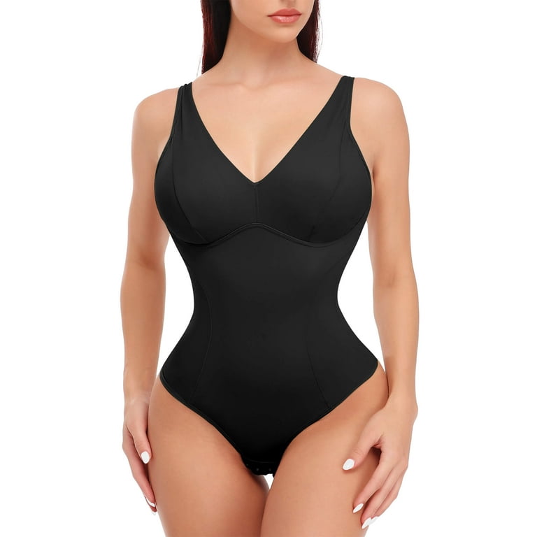 MANIFIQUE Thong Shapewear Bodysuit for Women Tummy Control Body Shaper with  Built in Bra V Neck Jumpsuit Tops 