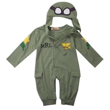 

Mioliknya Boys 2Pcs Pilot Romper Jumpsuit + Cap Army Green Outfit Set