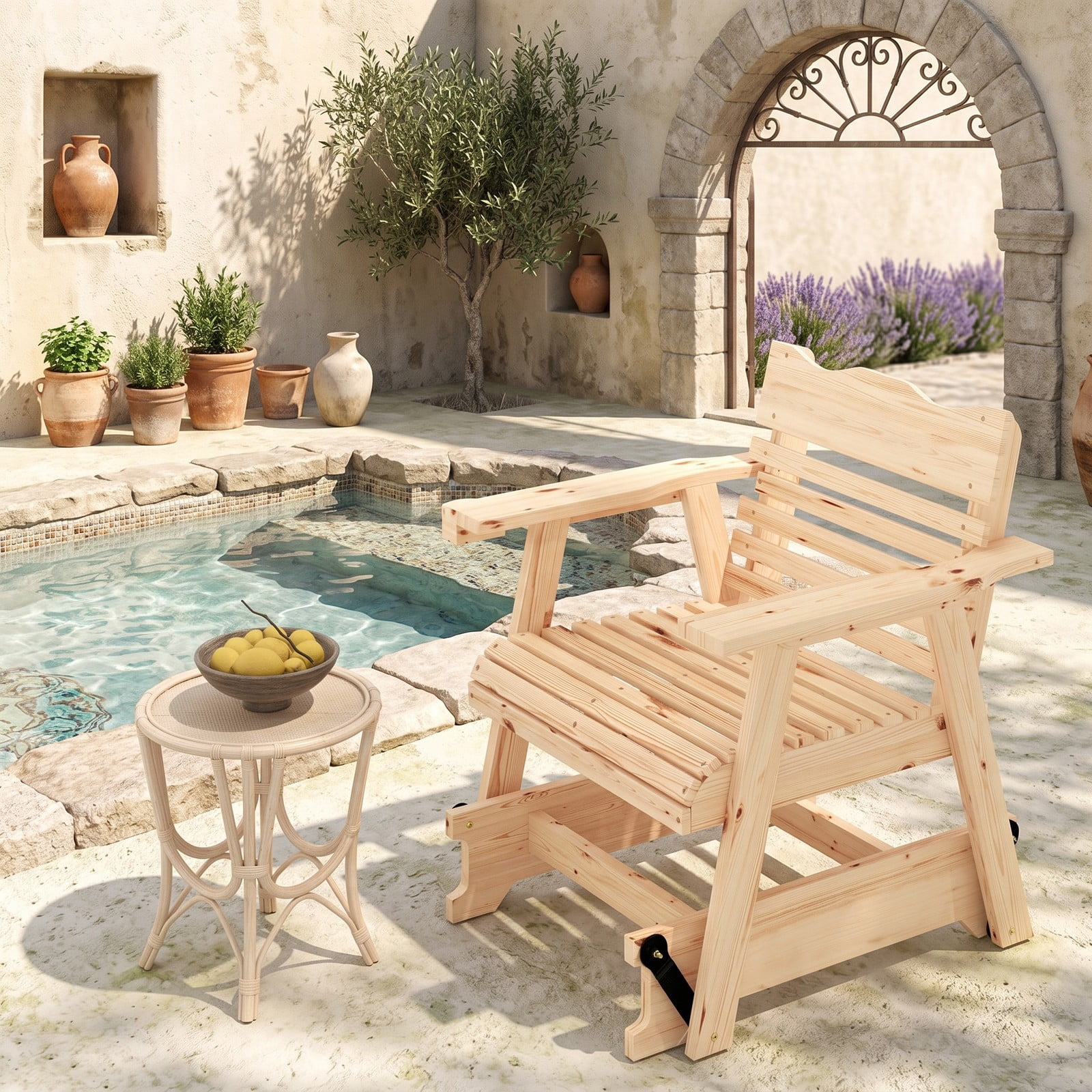 Furnibear Outdoor Wood Rocking Chair with High Back and Widened Armrests for Patio, Front Porch, Deck and Backyard, Natural