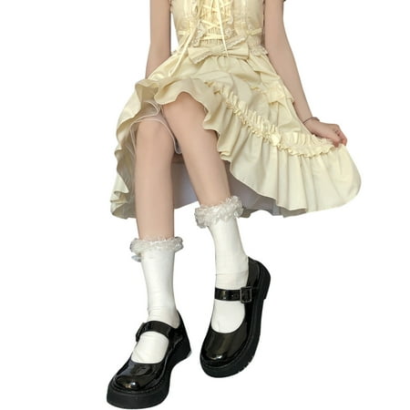 

Women Lolita Summer Cotton Ribbed Crew Socks Harajuku Japanese Sweet Layered Ruffled Lace Trim Solid Mid Tube Hosiery
