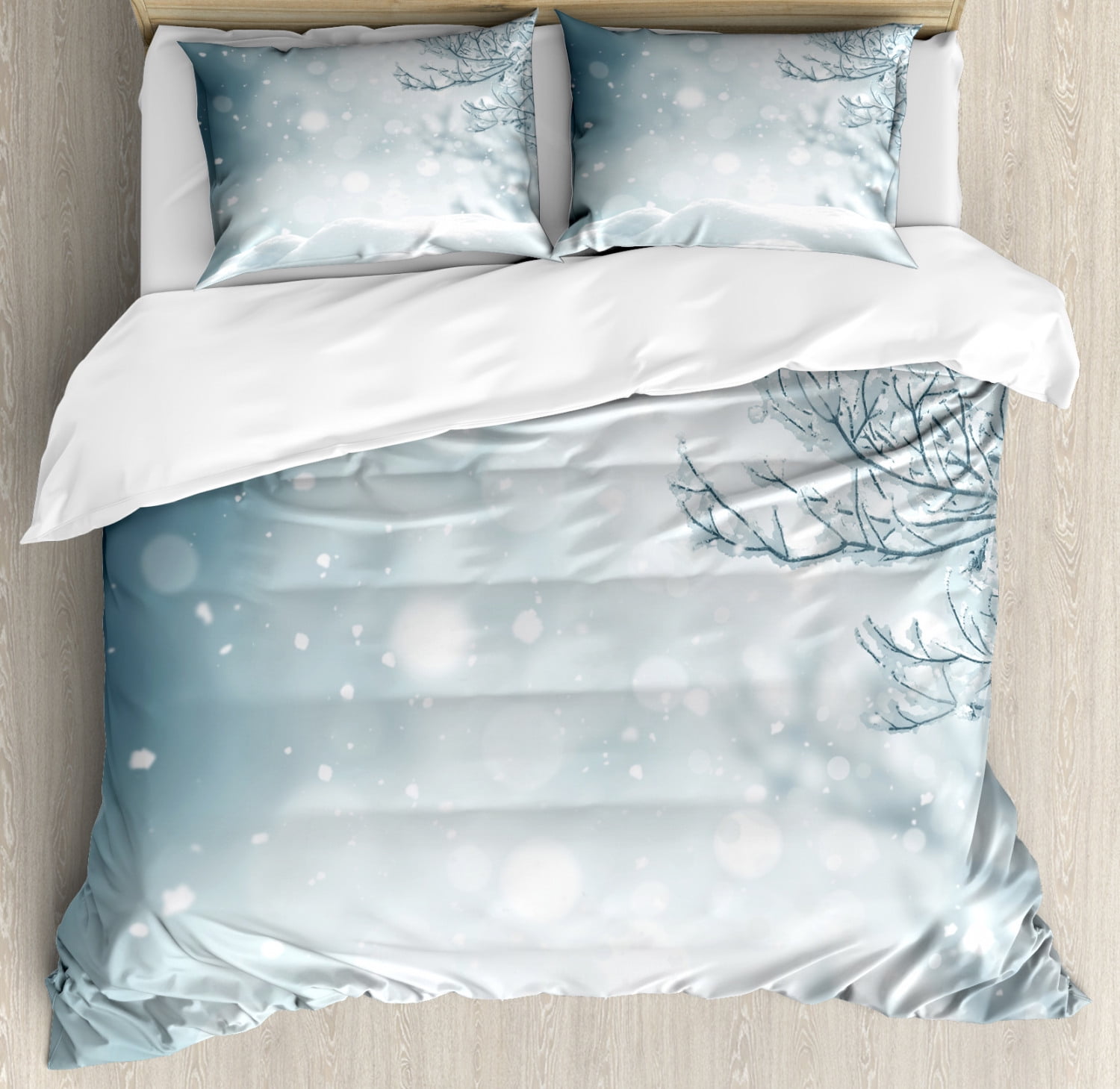 Winter Queen Size Duvet Cover Set, Christmas Image Snow and Frosted