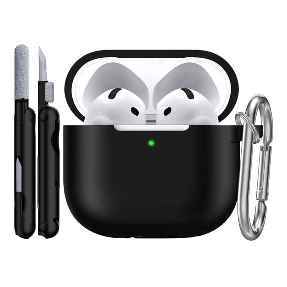 Cute  Black Silicone Protective Case for AirPods 4, All-in-One Set with Cleaning Pen & Keychain, Soft Shockproof Cover for Apple AirPods 4th Generation, Support Wireless Charging