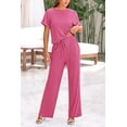 thumbnail image 1 of Womens Ribbed Knit Lounge Set Short Sleeve V Neck Top & Drawstring Wide Leg Long Pants Soft Stretchy Sleepwear Pajama Set Casual Travel Tracksuits for Daily Workout Maternity Use, 1 of 3