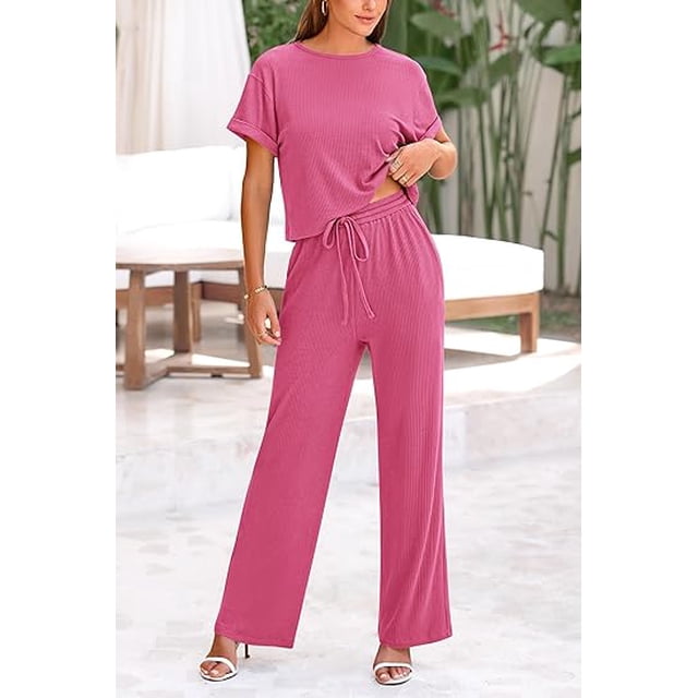 Womens Ribbed Knit Lounge Set Short Sleeve V Neck Top & Drawstring Wide Leg Long Pants Soft Stretchy Sleepwear Pajama Set Casual Travel Tracksuits for Daily Workout Maternity Use