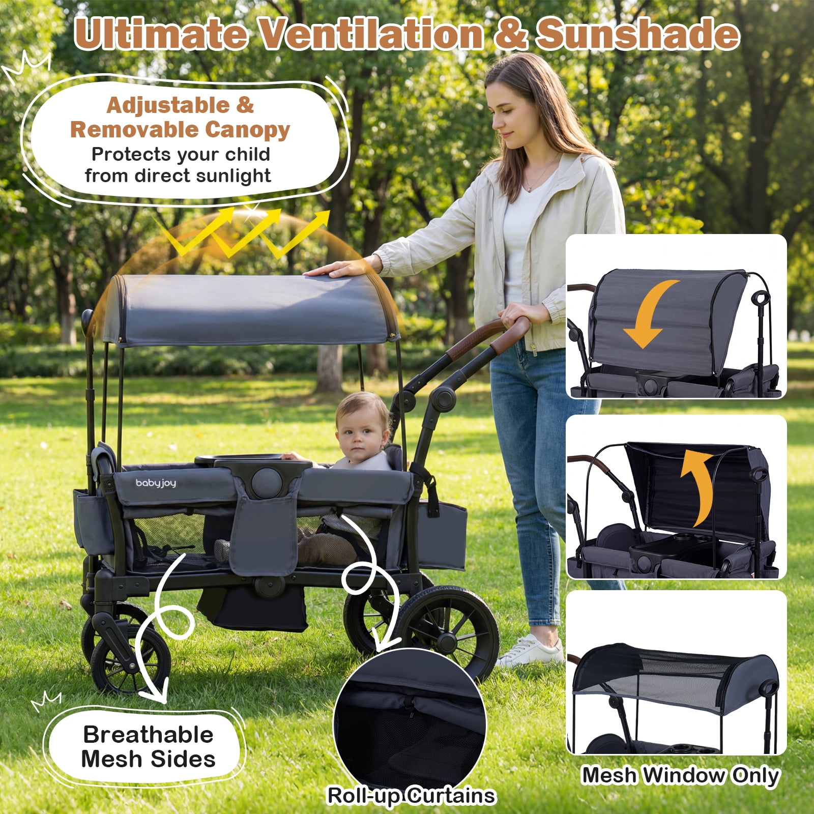 Infans Foldable Wagon Stroller for 2 Kids, Double Seater Toddler Stroller w/ Canopy