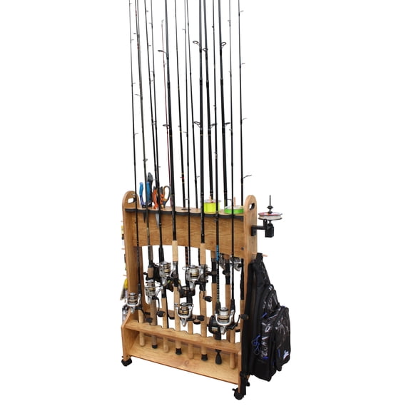 Rush Creek Creations Rolling Fishing Rod Holder Rack, 16 Rod Double-Sided Portable Cart with Locking Casters, Cherry Wood Garage Storage Organizer for Saltwater & Freshwater Poles