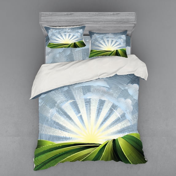 Ambesonne Psychedelic Bedding Set 4 Pcs, Vintage Pastoral, Queen, Pale Yellow Green