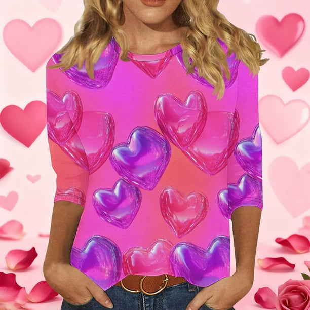 RKSTN Valentines 3/4 Sleeve Tops for Women Oversized Crewneck Valentine's Day Graphic Printed Short Sleeve T Shirt Womens Casual Round Neck Loose Comfy Loves Heart Print Three Quarter Sleeve Shirts